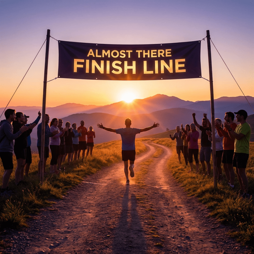 Man running toward a banner reading ALMOST THERE FINISH LINE at sunrise with onlookers cheering